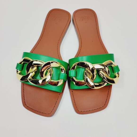 ZARA GREEN METAL CHAIN FLAT SANDALS Size 40 US9 - Picture 1 of 9